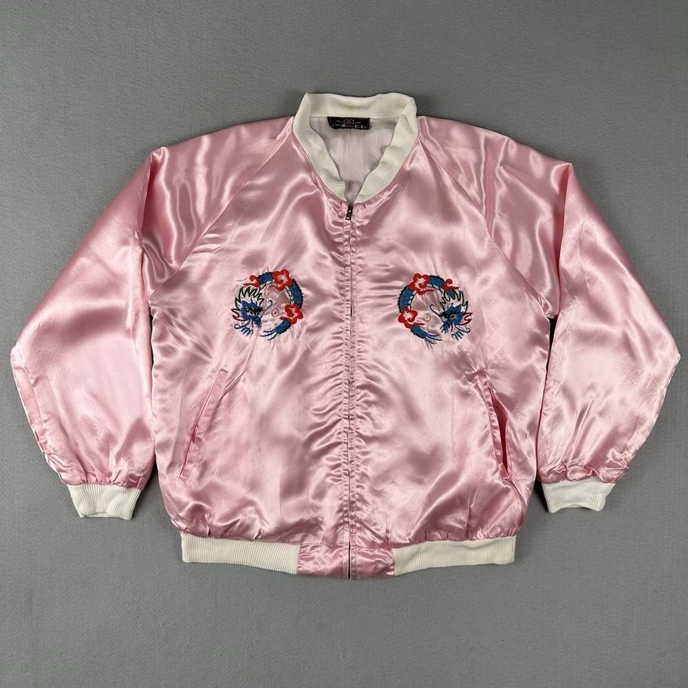 Vintage 60s 70s Korea Souvenir Jacket‎ Large Pink Dragon Satin Sukajan Bomber